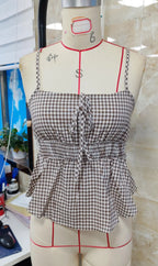 VacationGrabs Summer Gingham Cami Top for Women Sexy Tie Front Ruffle Hem Sleeveless Peplum Blouse Casual Spaghetti Strap Top