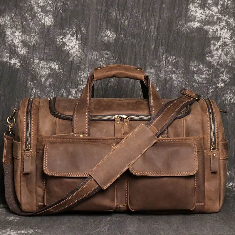 Vintage Genuine Leather Travel Bag Crazy Horse Weekend Luggage - VacationGrabs