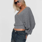 VacationGrabs Women's Wrap V Neck Sweaters Tops Street Long Sleeve Tie-up Back Solid Color Knit Tops Pullovers Winter Fall Knitwear