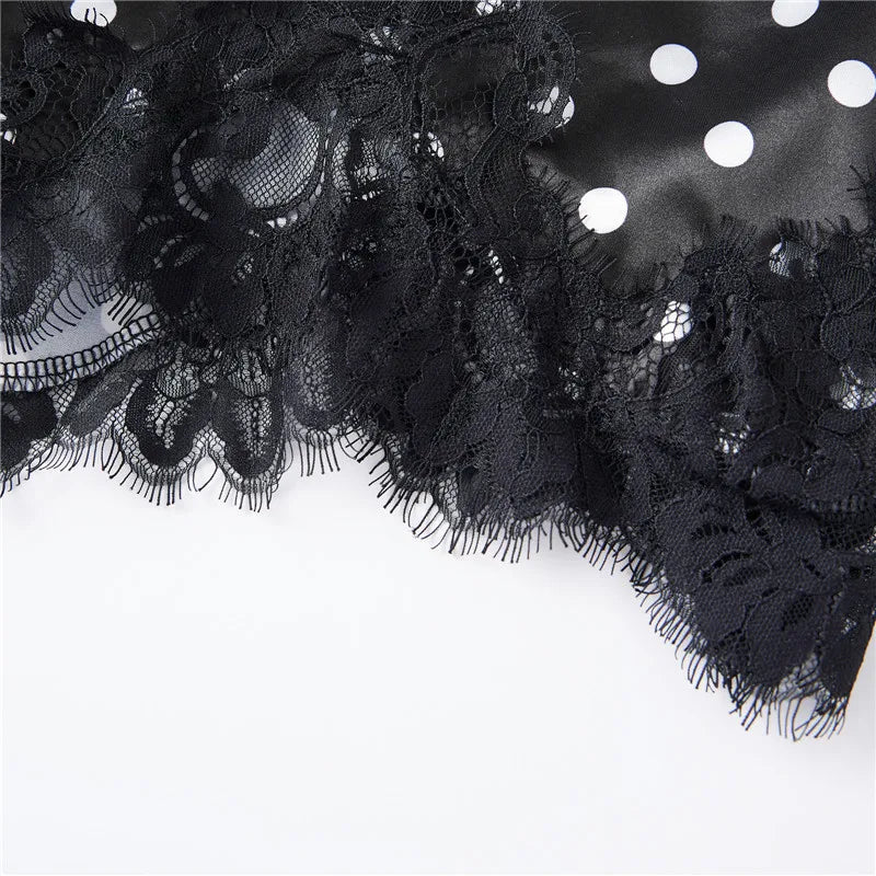 VacationGrabs Coquette Polka Dot Satin Lounge Shorts Women Eyelash Lace Hem Drawstring High Waist Loose Cute Halloween Pajama Bottoms