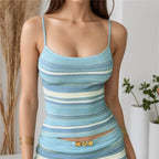 VacationGrabs Women's Vertical Striped Knit Cami Top Spaghetti Strap Square Neck Fitted Waist Cropped Sweater Summer Casual Top