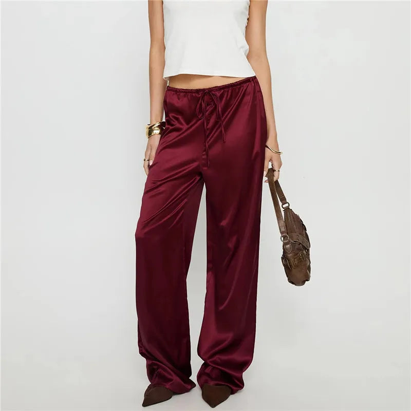 VacationGrabs Women's Satin Silk Solid Color Pants Elegant Elastic Drawstring Waist Loose Fit Trousers for All Seasons Y2K Streetwear