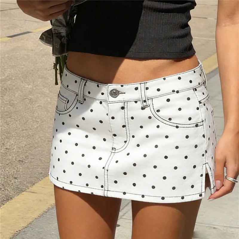 Women Summer Mini Jean Skirts Casual Polka Dots Print Denim A Line Skirt for Beach Vacation Y2K Vintgae Streetwear