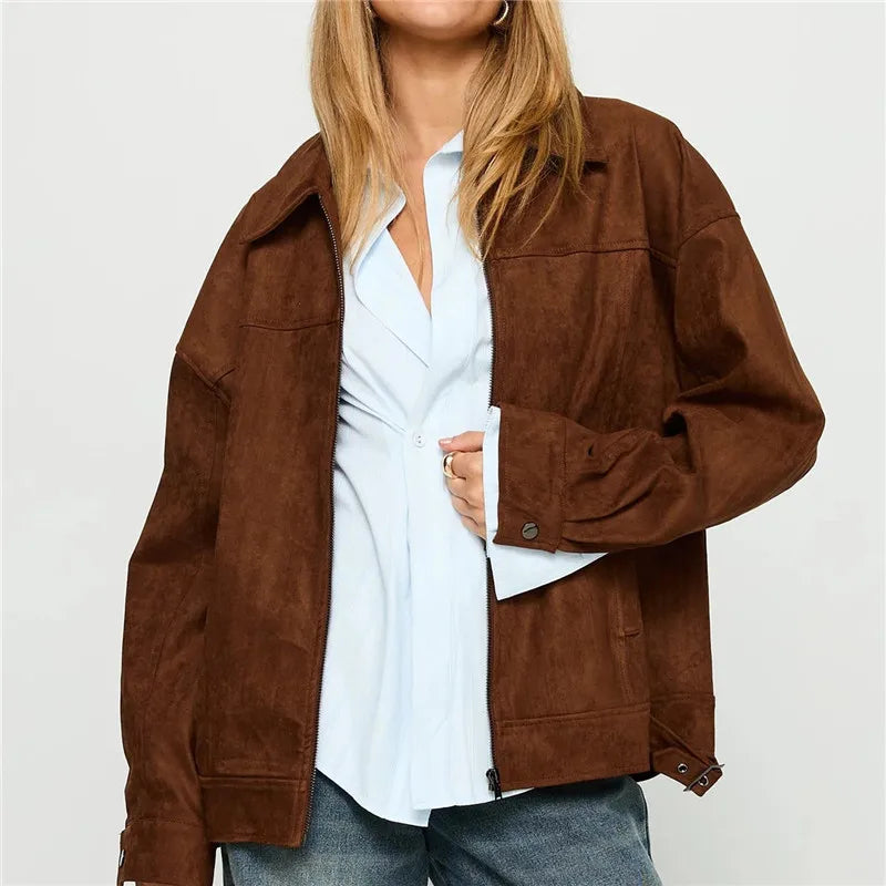 VacationGrabs Women Micro Biker Jacket Casual Loose Fit Stylish Solid Color Zip Up Collared Long Sleeve Coat Fall Spring Streetwear