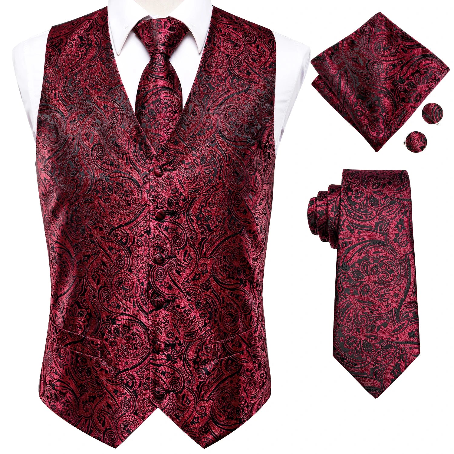 Men's burgundy paisley vest set with necktie how to tie instructions