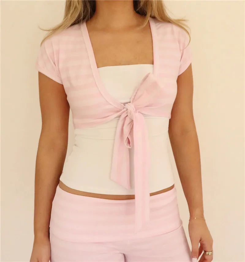 Pastel Striped Tie Front Cropped Cardigan Short Sleeve Soft Wrap Shrug Girly Coquette Beach Layering Cover Up Top Y2K Streetwear