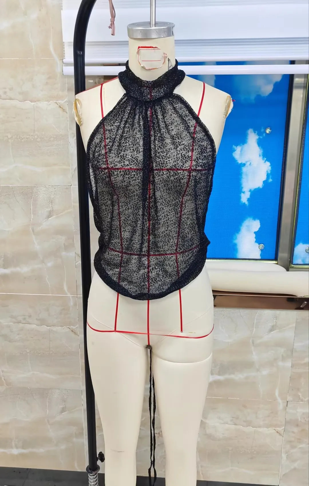 VacationGrabs Women's Sheer Lace Halter Tops Stylish Solid Black Mesh Backless Sleeveless Vest for Summer Night Out Party Clubwear