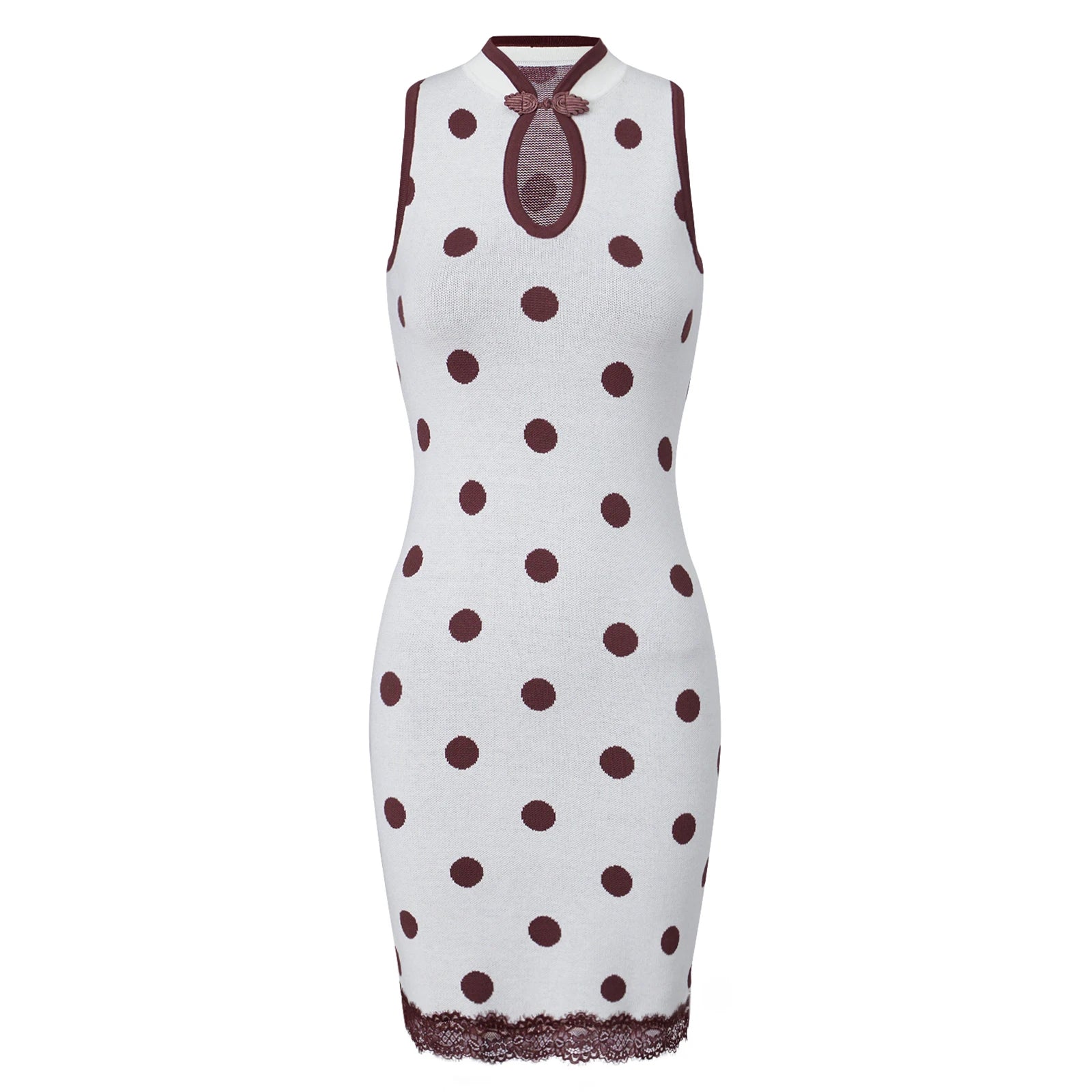 VacationGrabs Knit Polka Dot Bodycon Mini Dress Women Sleeveless Halter Qipao Collar Keyhole Cutout Lace Hem Slim Short Pencil Dress