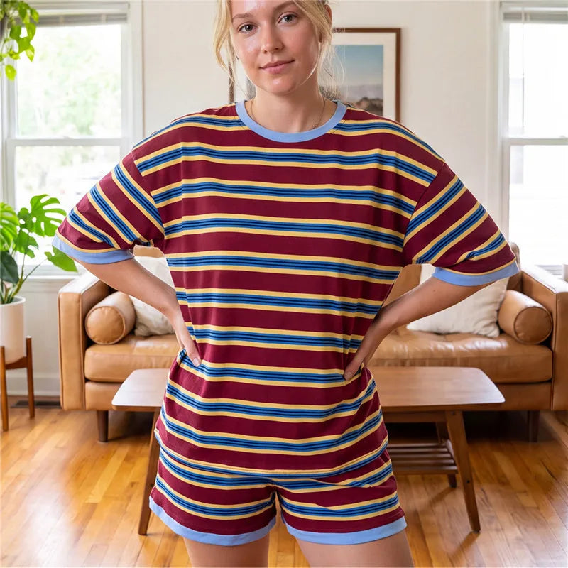 VacationGrabs Striped Two Piece Outfit Women Contrast Trim Oversized Short Sleeve Tee And Elastic Waist Shorts Casual Loungewear Set