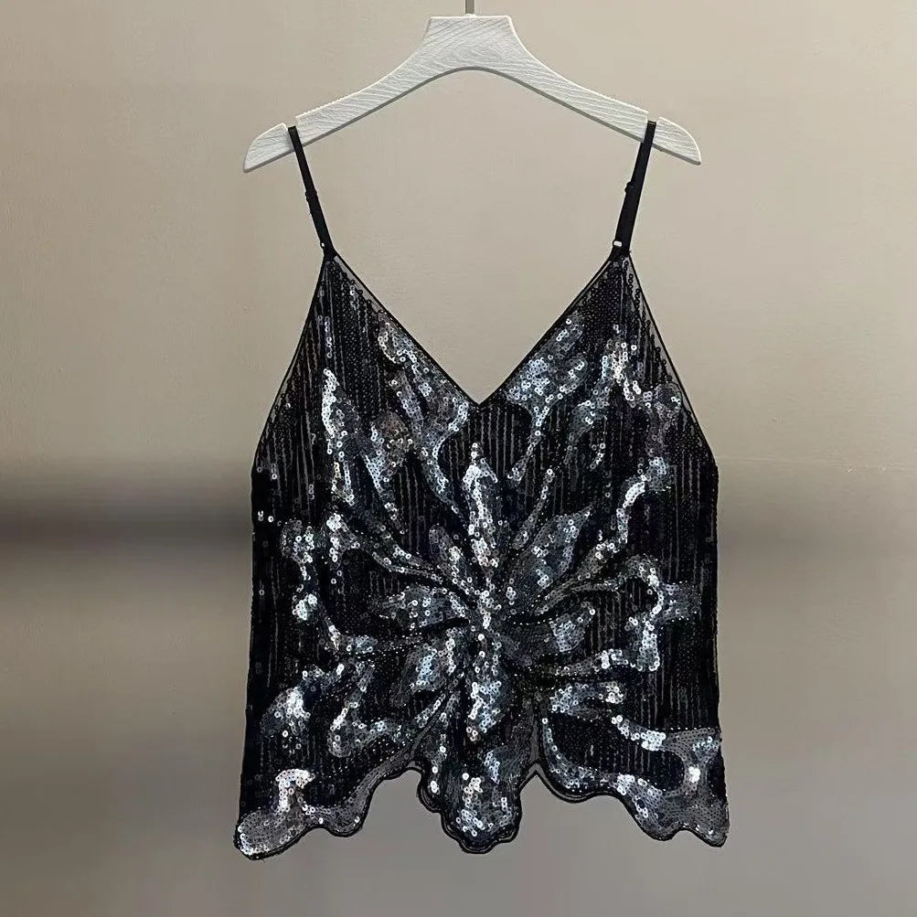 VacationGrabs Women Sexy Bead Mesh Cami Tops Women Silver Sequined Tanks Vest Summer Femme Bling Shiny Tanks Tops Party Clubwear
