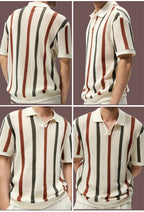 Men's Spring/Summer Lightweight Striped Knit Cardigan with V-neck Short Sleeve Polo Shirt. Business casual slim-fit style Breath