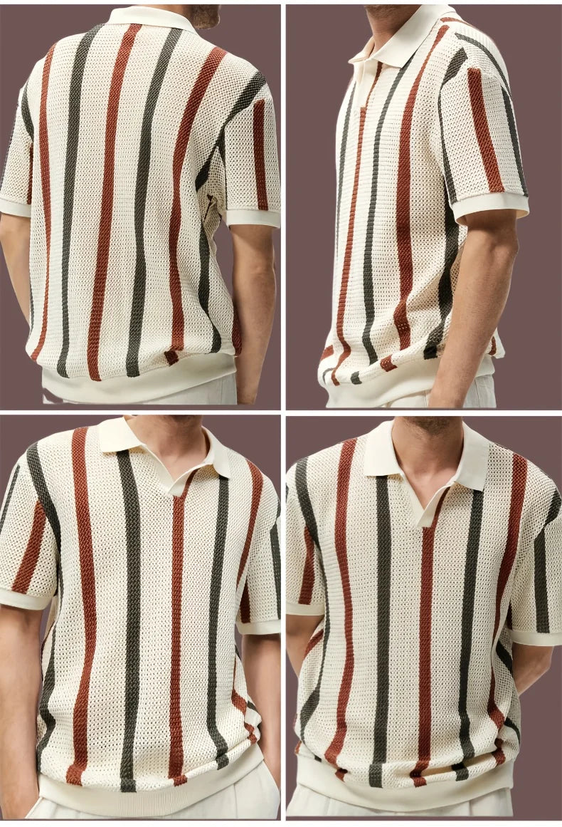Men's Spring/Summer Lightweight Striped Knit Cardigan with V-neck Short Sleeve Polo Shirt. Business casual slim-fit style Breath