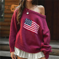 VacationGrabs Off Shoulder American Flag Knit Sweater for Women Long Sleeve Oversized Fit Casual Streetwear Pullover for Fall Winter