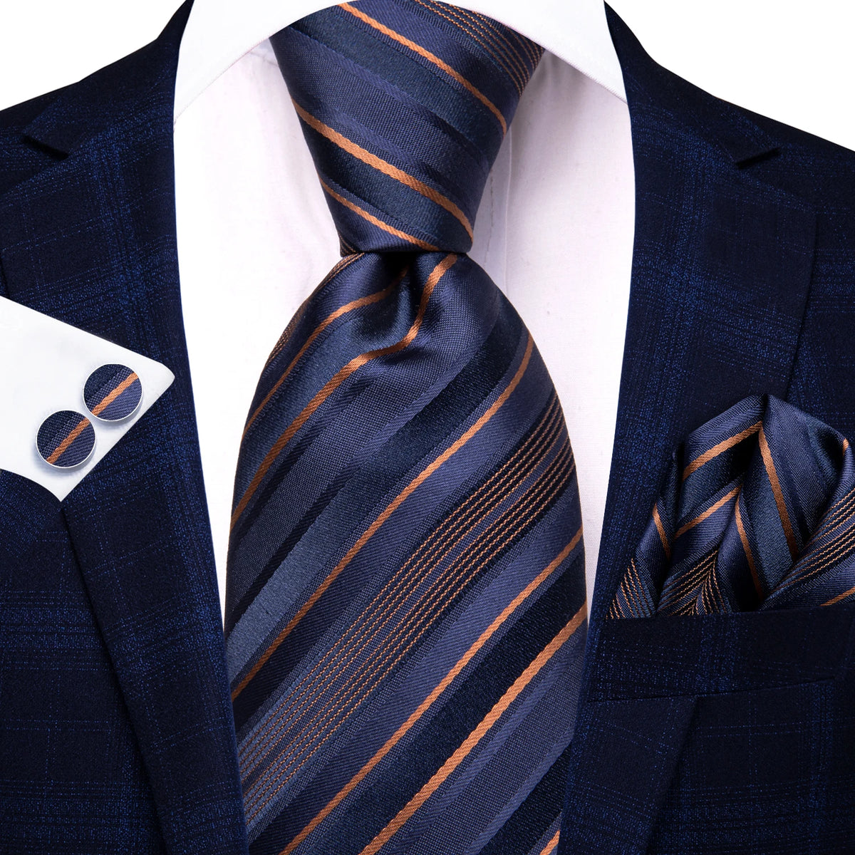 Navy striped silk tie with matching pocket square, formal look, how to tie mens tie