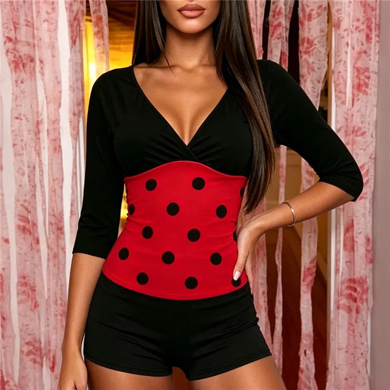 VacationGrabs Women V Neck 3/4 Sleeve Crop Top Polka Dot Ladybug Print Color Block Slim Fit Halloween Cosplay Party Short Top