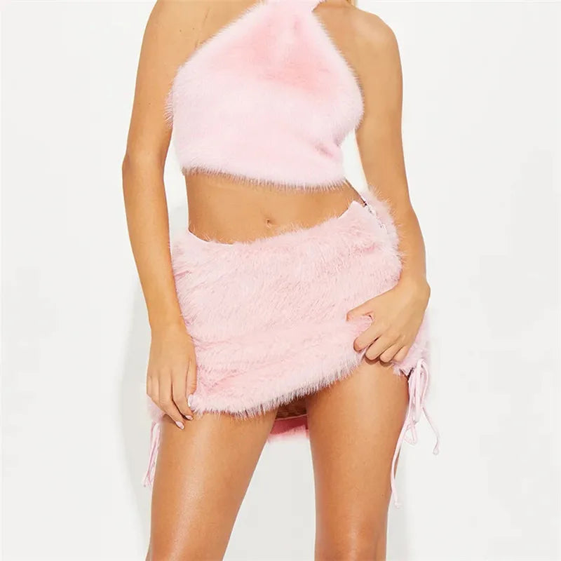 VacationGrabs Furry Mini Skirts Women Tie Side High Street Sexy Midnight Hottie Fashion Wild Party Simple Classic Autumn Winter Bottom