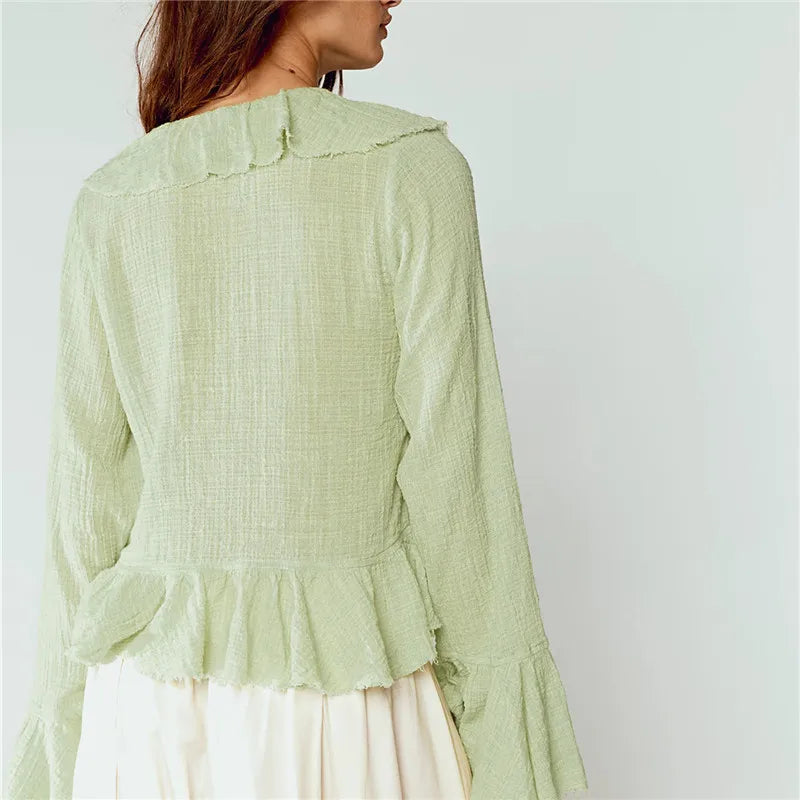 VacationGrabs Y2K Retro Raw Fringe Ruffle Crop Blouse Women Crinkled Texture V Neck Tie Front Flare Long Sleeve Casual Street Shirts