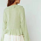VacationGrabs Y2K Retro Raw Fringe Ruffle Crop Blouse Women Crinkled Texture V Neck Tie Front Flare Long Sleeve Casual Street Shirts