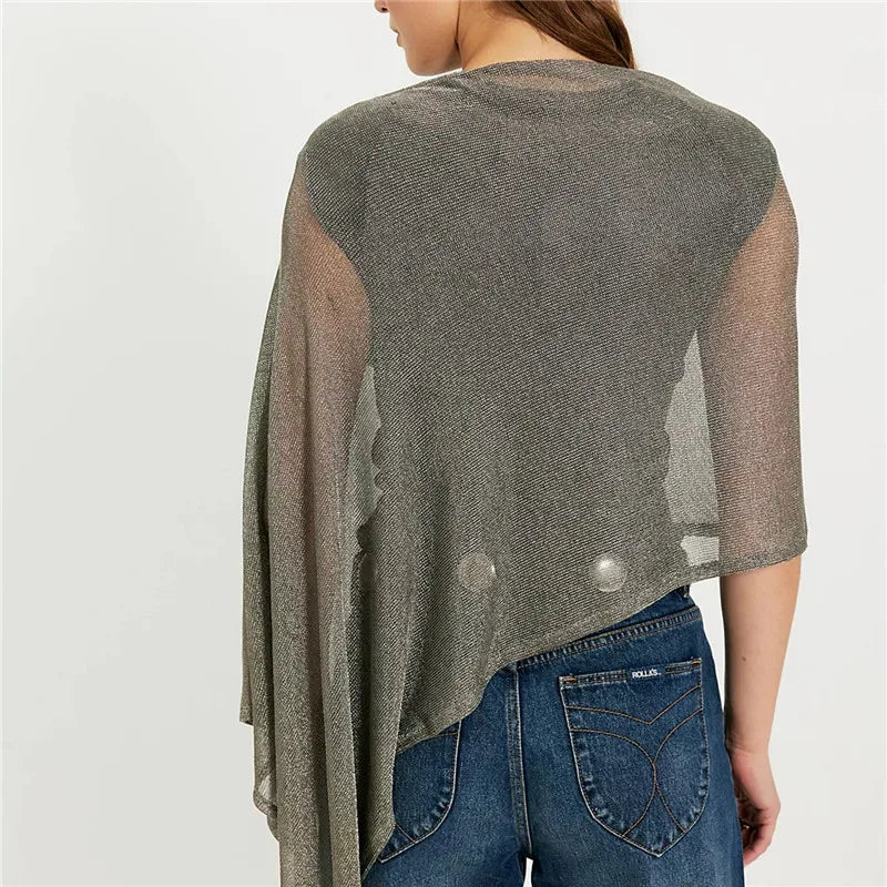 Womens Poncho Shawl Gold Metallic Knit Sheer Asymmetrical Poncho Loose Draped Silhouette Shimmer Cape Wrap Summer Beach Outfits