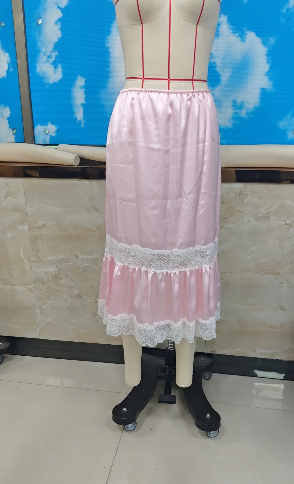 VacationGrabs Women Half Slip Long Skirt Lace Trim Satin Underskirt Elastic Waist Aline Silky Slips Skirt for Under Dress Party Club