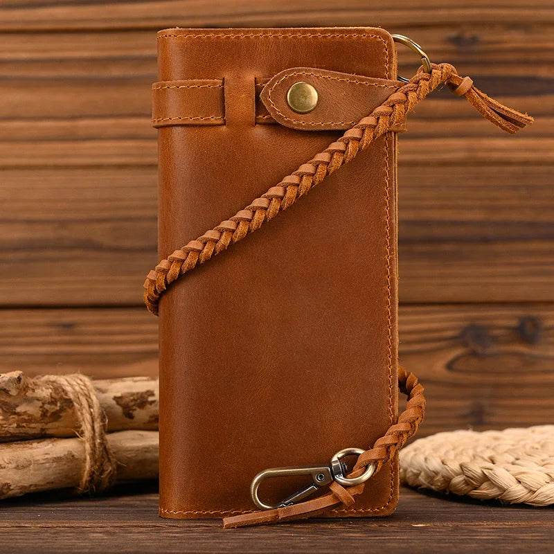Fashionable Leather Long Wallet with Braided Strap and Coin Inner Zipper - VacationGrabs