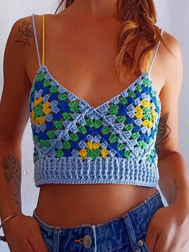 Boho Crochet Cropped Camis Tank Top Handmade Knittted - VacationGrabs