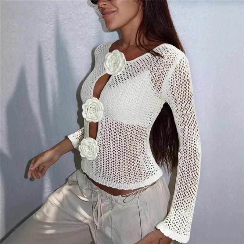VacationGrabs 3D Floral Crochet Mesh Top Women Hollow See Through Flare Sleeve Keyhole Rose Button Cropped Knit Blouse Travel Dating