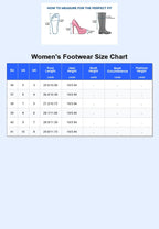 Women's Footwear Size Chart with measurement guide on a light blue background