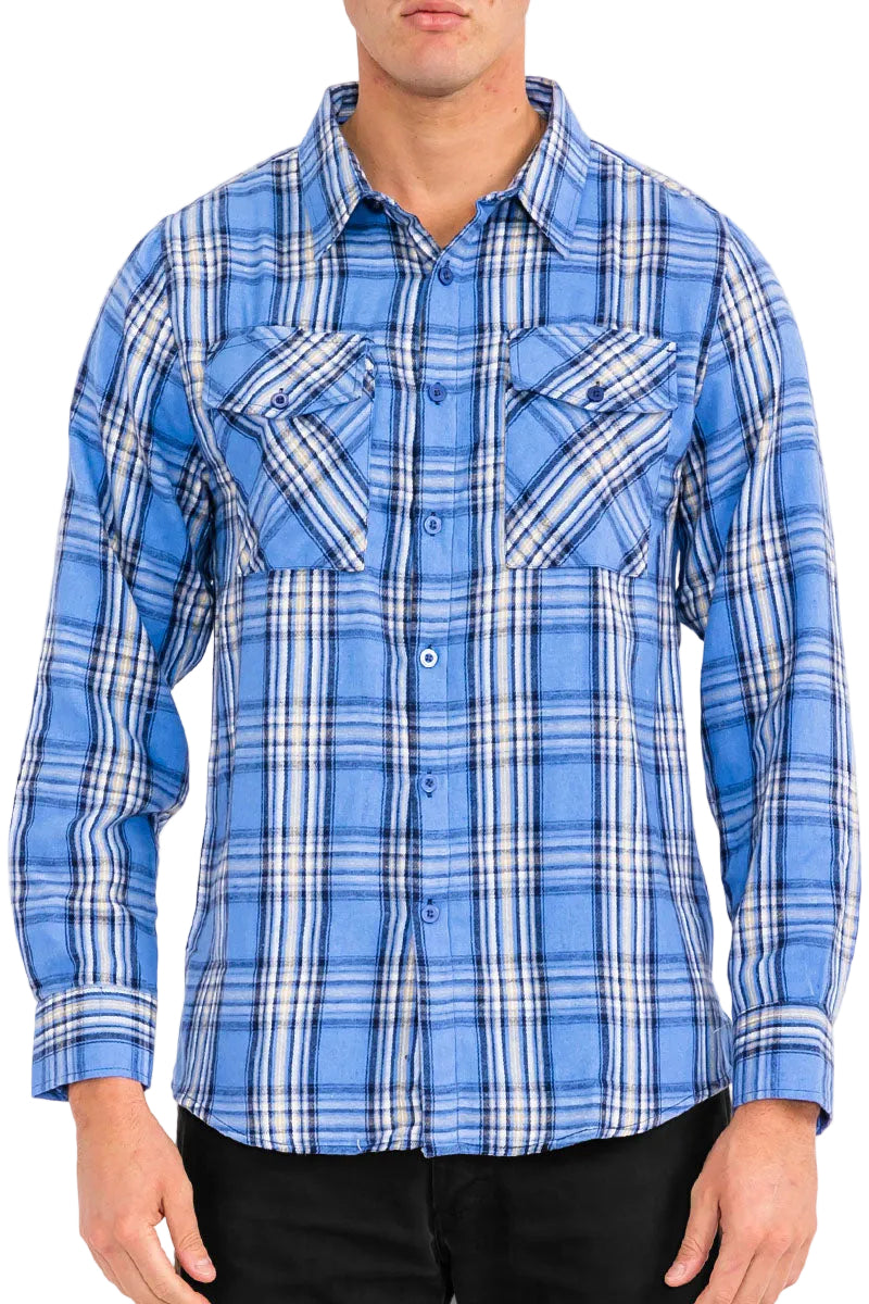Blue plaid shirt worn by a person on a white background