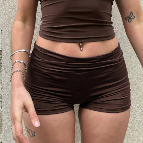 hirigin Women's Summer Y2K Fold Over Shorts Solid Color Low Waist Ruched Bodycon Short Pants Workout Fittness Yoga Shorts