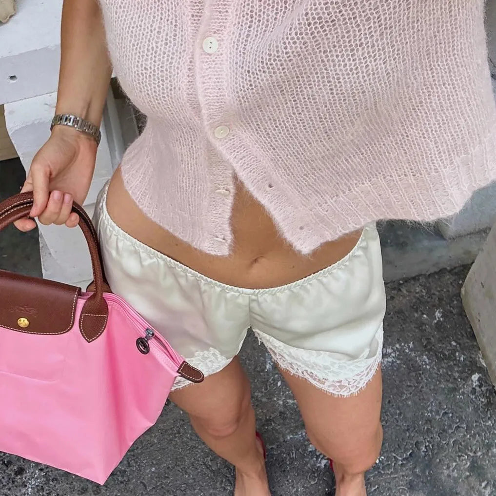 VacationGrabs Women’s Summer Satin Silk Shorts Fashion Elastic Waist Lace Hem Wide Leg Lounge Shorts Coquette Going Out Pants