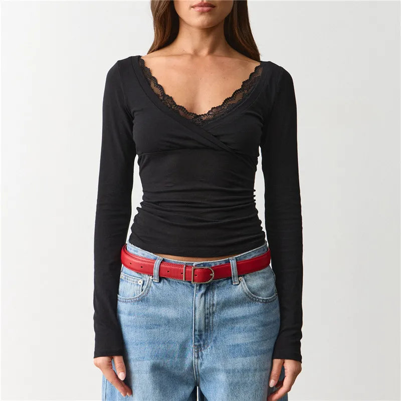 VacationGrabs Lace Trim V Neck Wrap Long Sleeve Crop Top Women Slim Ruched Solid Color Basic Layering T Shirt Autumn Going Out Blouse