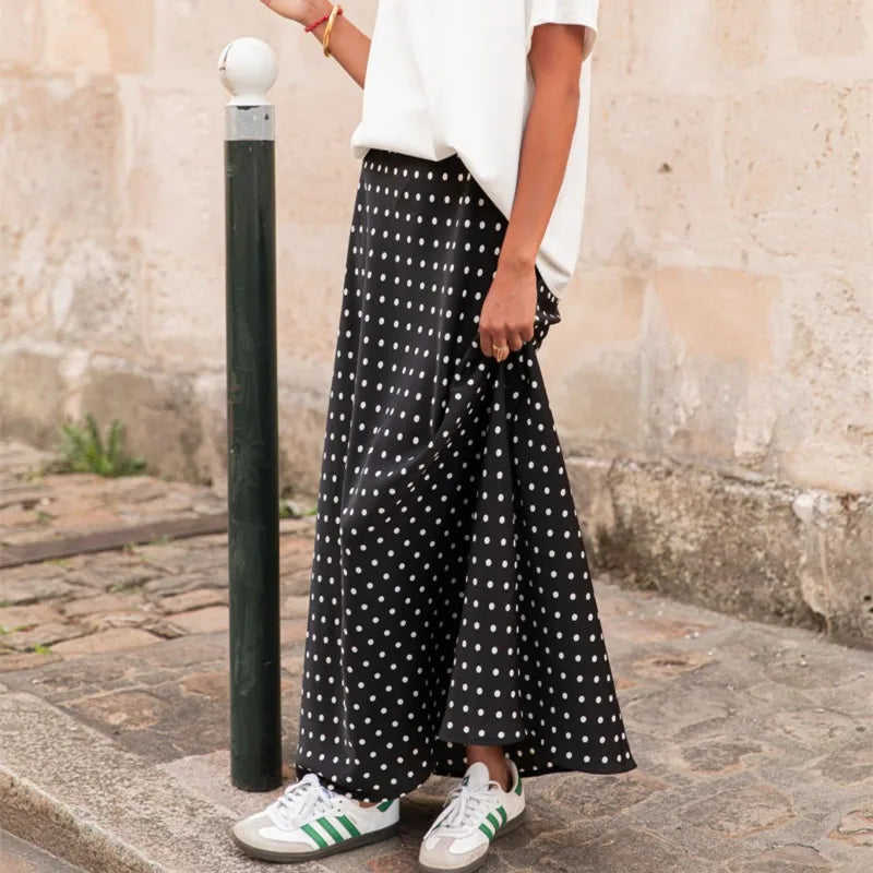 VacationGrabs Women Polka Dot Maxi Skirt Elegant Ladies Bodycon A Line Flare Long Skirts Cute Print Flowy Maxi Satin Skirt Dress