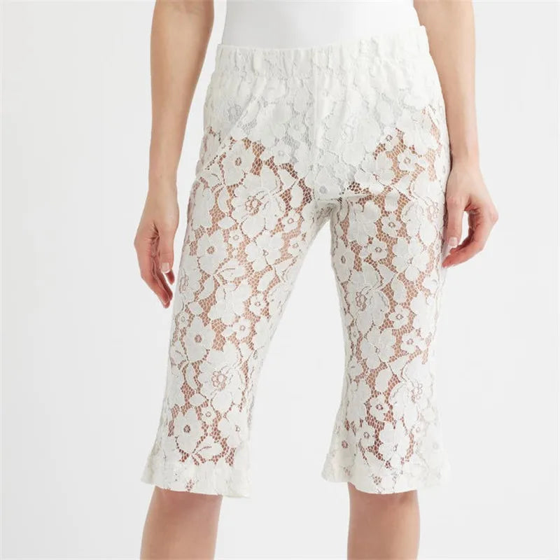 Y2K Solid Color Floral Lace Capri Pants Elastic Waist Sheer See Through Flare Hem Cropped Trousers For Women Summer Streetwear