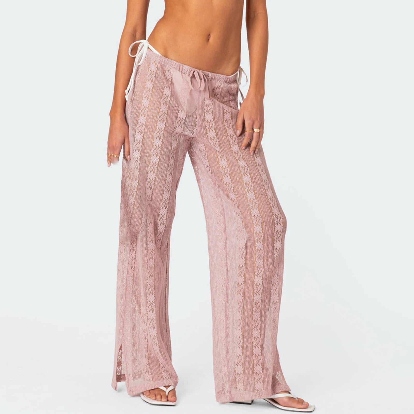 VacationGrabs Women's Summer Sheer Beach Long Pants Casual Drawstring Waist Wide Leg Lace Floral See Through Pants Beachwear
