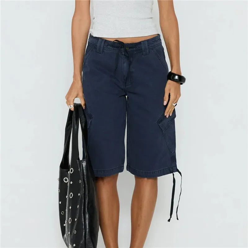 VacationGrabs Women's Y2K Low Waist Cargo Bermuda Shorts Drawstring Tie Hem Knee Length Pants with Pockets Casual Loose Fit Streetwear