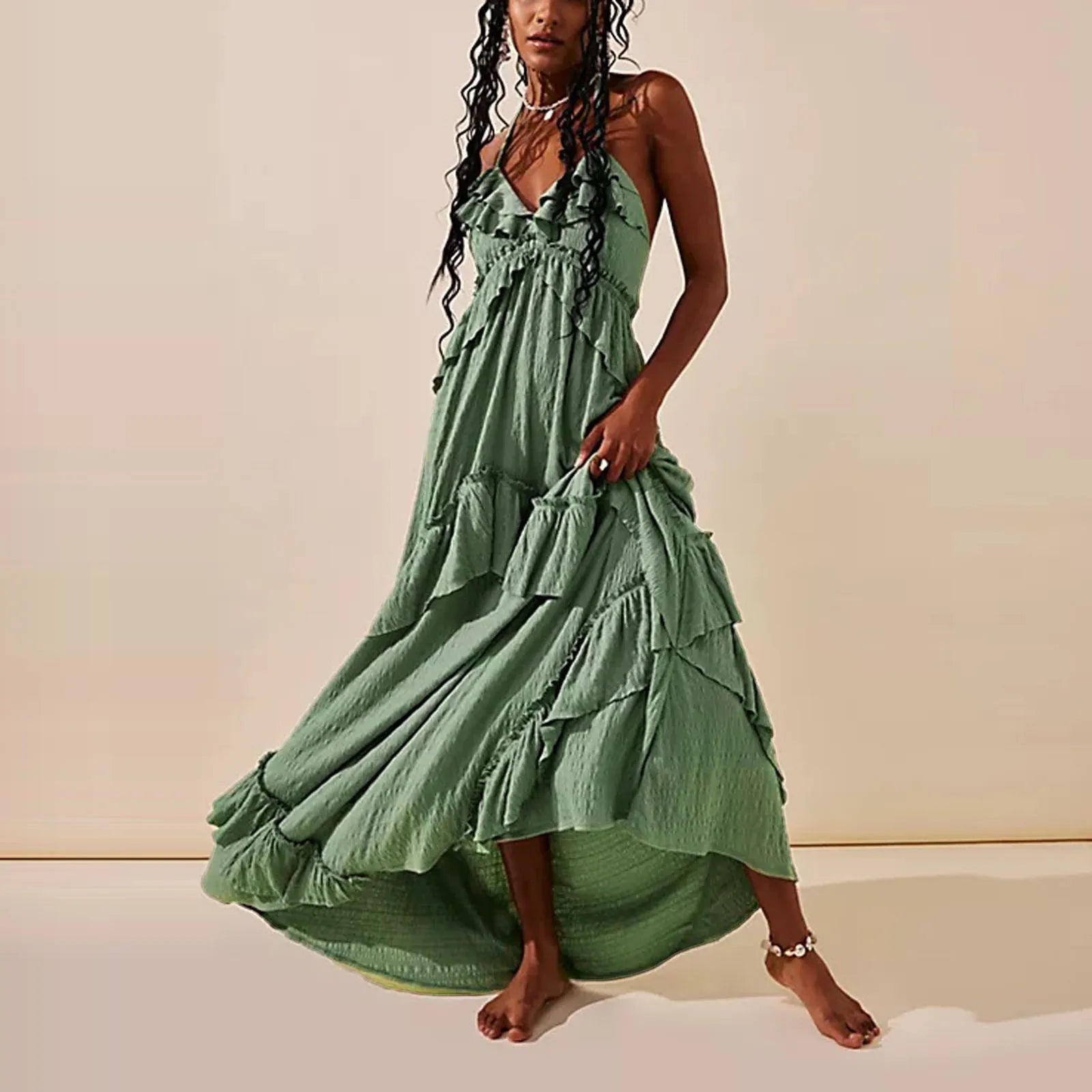 Womens Summer Spaghetti Strap Long Dress Boho Low Cut Dress Backless V-Neck Midi Dress Bohemian Maxi Dress Beachwear