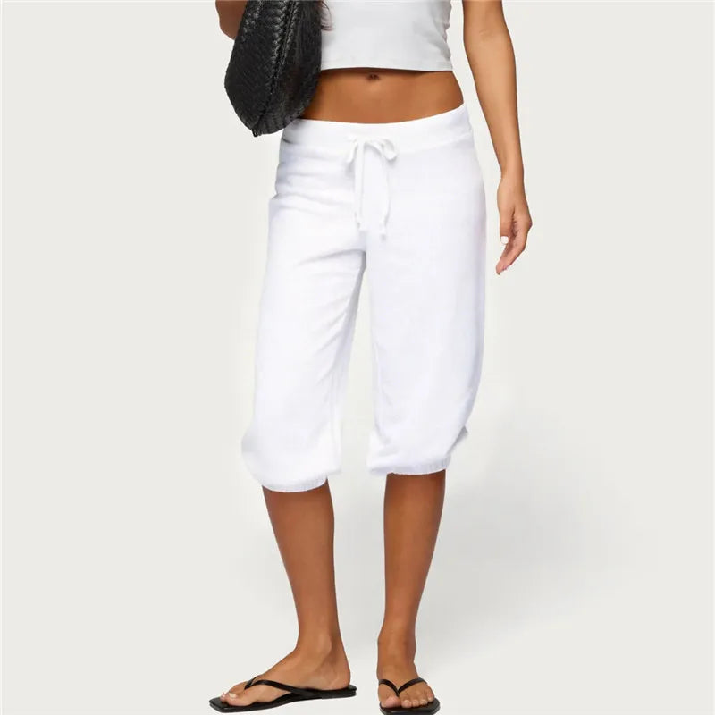 Women Vintage Y2K Low Waist Capri Sweatpants Drawstring Loose 3/4 Length Cropped Casual Streetwear Solid Color Loungewear Pants