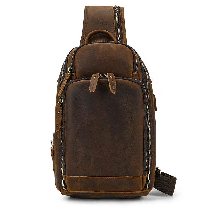 Leather Chest Bag with USB Charging Port Crossbody Bag for Men - VacationGrabs