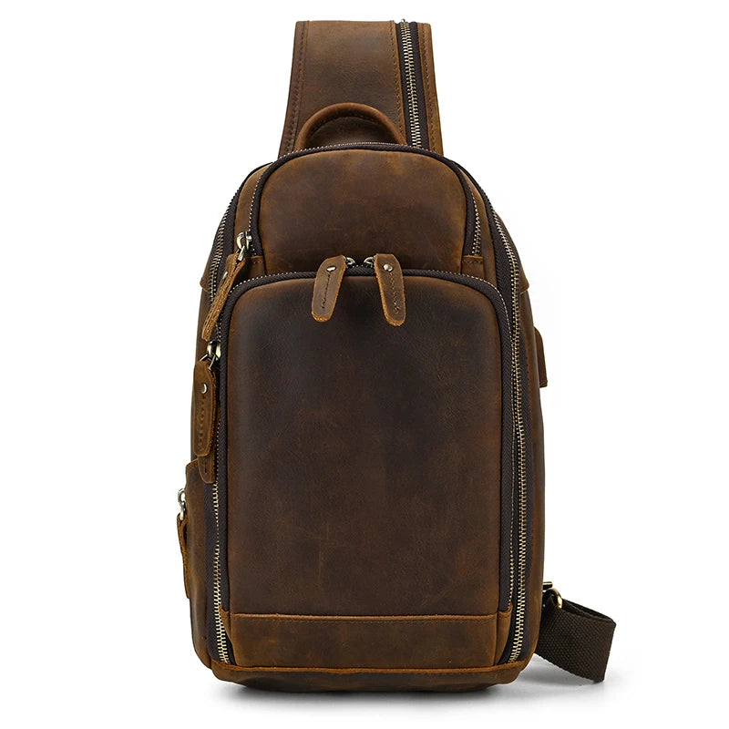Men's Genuine Leather Chest Sling Bag with USB Charging Port