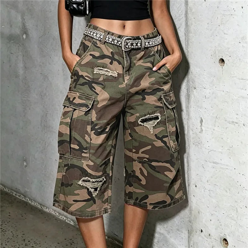 VacationGrabs Y2K Hip Hop Camo Cargo Capri Shorts Women Distressed Ripped Multi Side Pocket Baggy Wide Leg Camouflage Streetwear