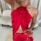 Red halter-top with ruffle details, perfect for summer parties