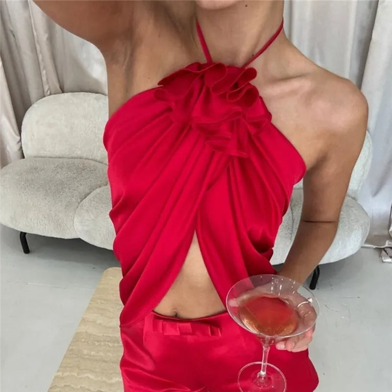 Red halter-top with ruffle details, perfect for summer parties