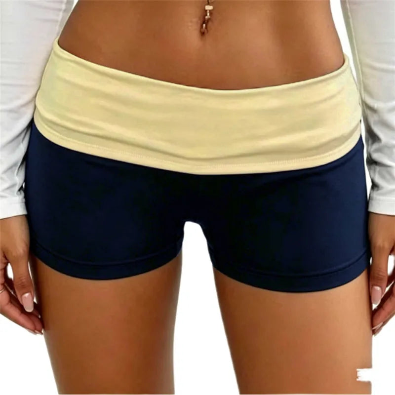 VacationGrabs Color Block Biker Shorts for Women Low Waist Fold Over Waistband Slim Fit Booty Shorts Streetwear Aesthetic Casual Pants