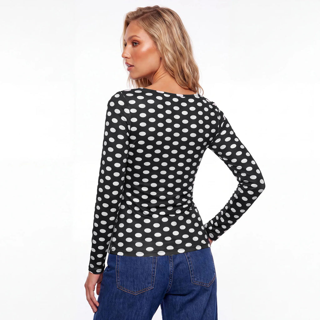VacationGrabs Women Square Neck Polka Dot Print Long Sleeve Top Slim Fit Stretchy Y2K Vintage Casual Basic Tee Blouse Daily Wear