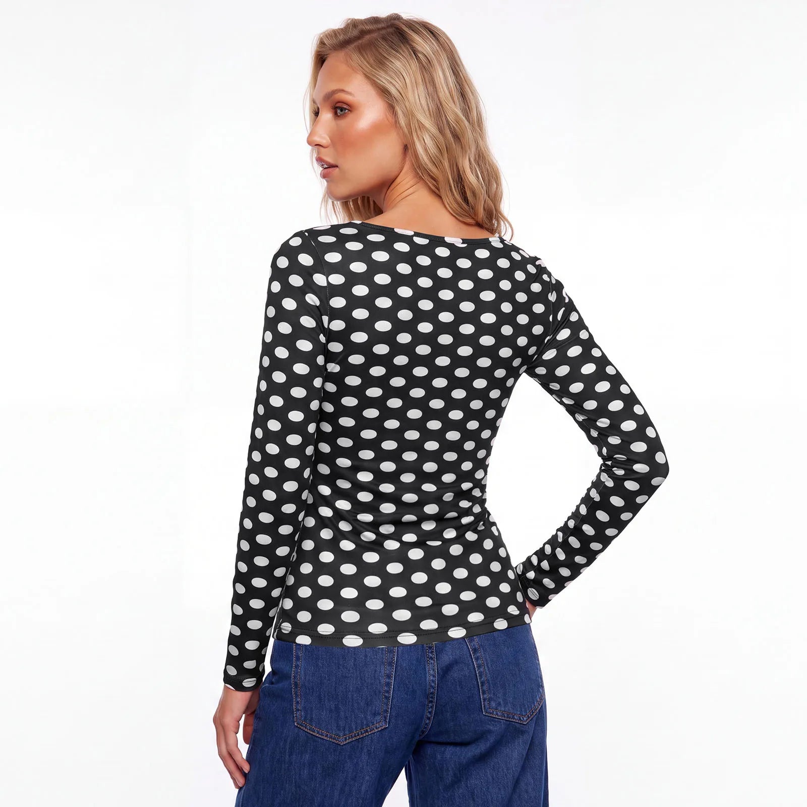 VacationGrabs Women Square Neck Polka Dot Print Long Sleeve Top Slim Fit Stretchy Y2K Vintage Casual Basic Tee Blouse Daily Wear