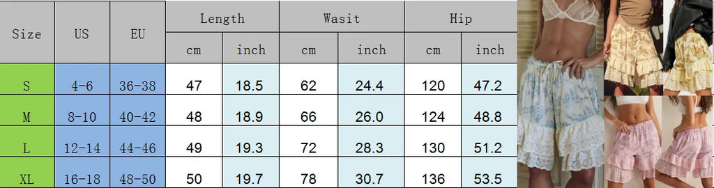 VacationGrabs Women Boho Vintage Printed Lace Ruffle Shorts Elastic Drawstring Waist Flowy Casual Shorts Summer Vacation Streetwear