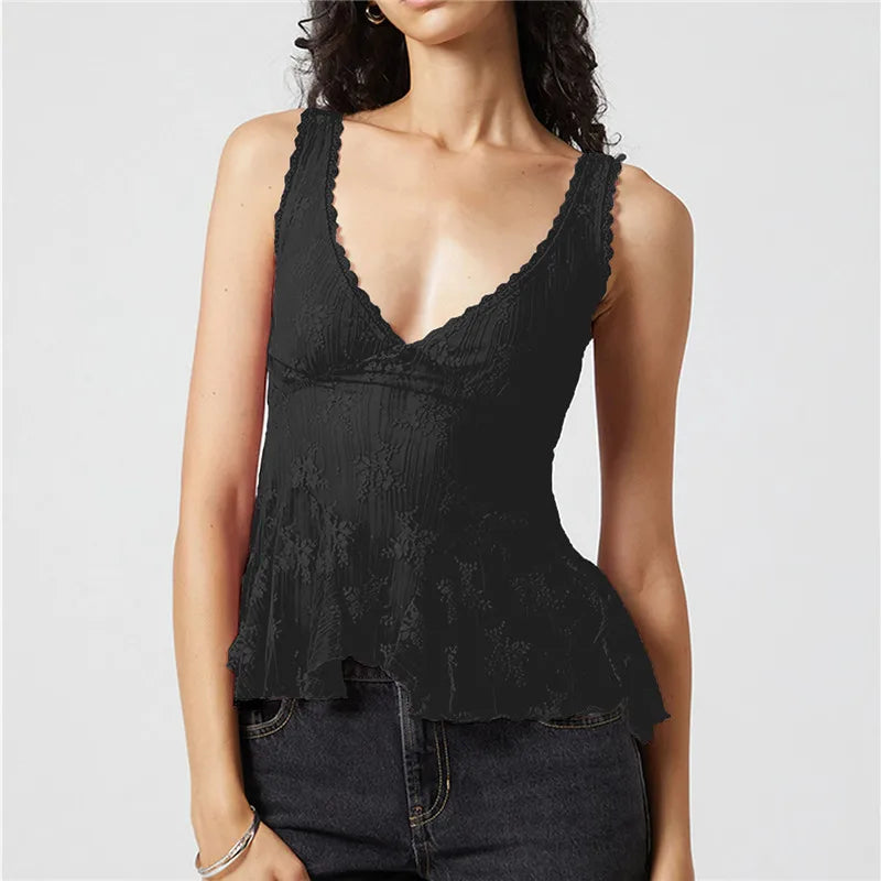 VacationGrabs Women Sexy Semi Sheer Lace Top Cute Ruffle Hem Backless Deep V Neck Peplum Tank Top Summer Beach Holiday Camisole
