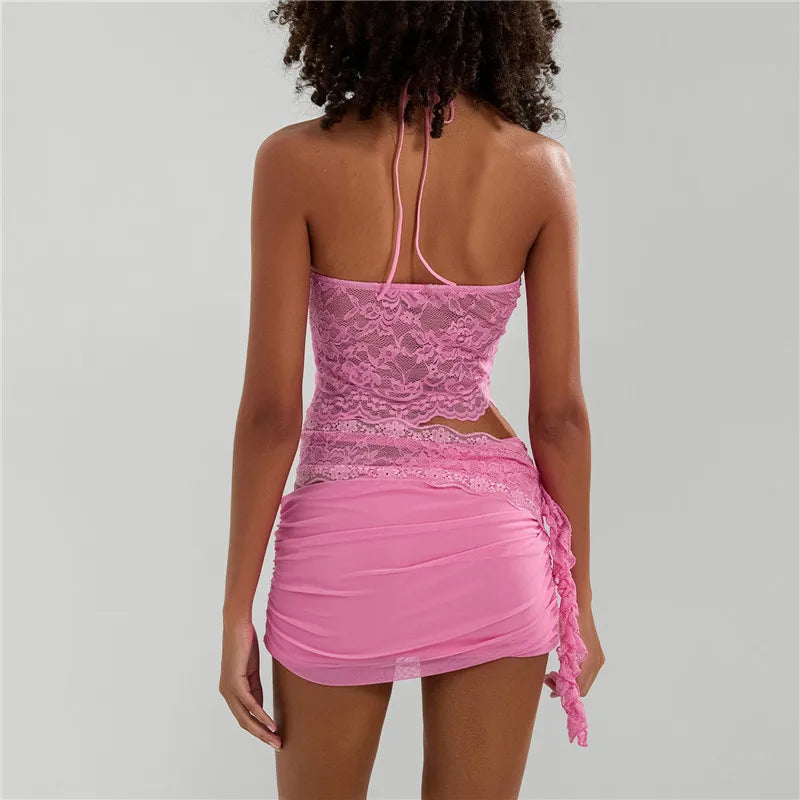 Pink Lace Two Piece Set | Strapless Top & Mini Skirt