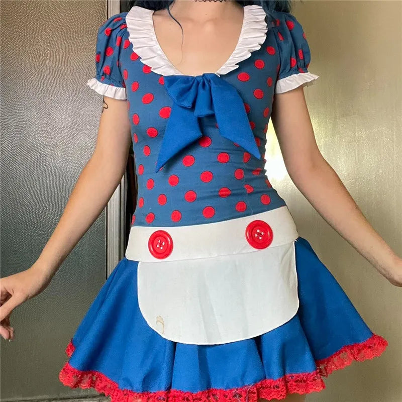 VacationGrabs Women Polka Dot Ragdoll Cosplay Outfit Short Dress with Matching Hat and Striped Stockings Halloween Party Maid Costume